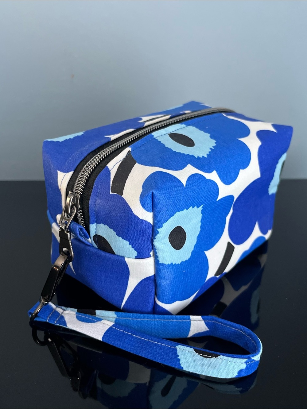 Marimekko style blue floral boxy cosmetic pouch